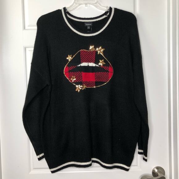 Torrid NWT Wms 1X Black Star Lips Crewneck Pullover Sweater Sequins Novelty - Picture 10 of 10